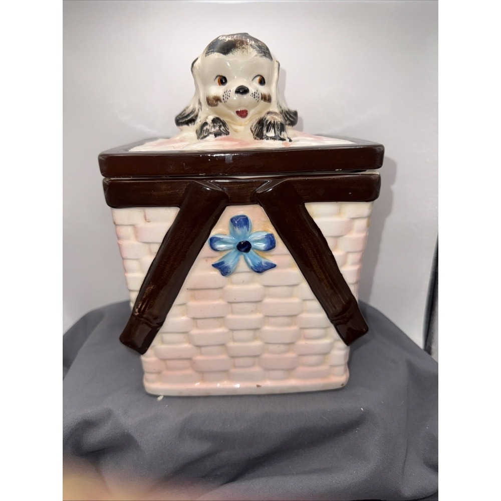 Vintage Napco MCM Basket Weave Cookie Jar w/ Lid With Bla&whit Puppy Basket Pink